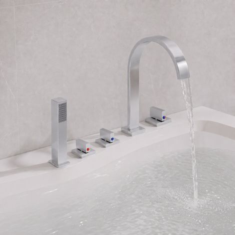 Robinet de baignoire 5 trous - Robinet de baignoire cascade - Ensemble de douche avec douchette - Chromé (1/5)