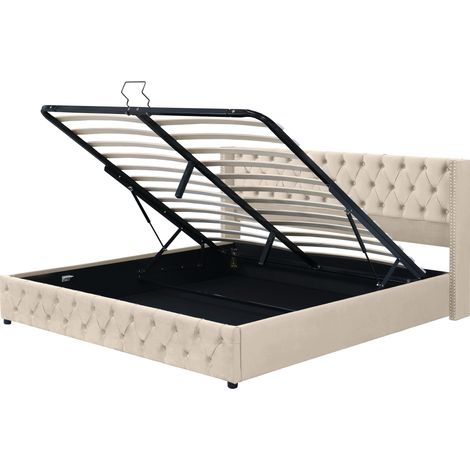 Letto contenitore capitonne beige 180 x 200 cm con rete a doghe e apertura idraulica (1/5)