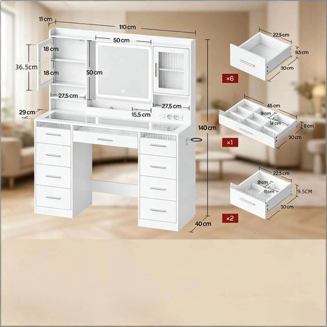 Table de maquillage avec plateau en verre trempé, compartiments ouverts, 80x40x75cm