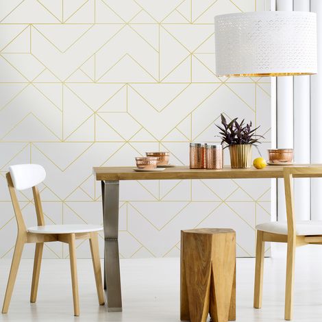 Papier peint intissé géométrique brillant 1005 x 52 cm – Or – Application directe sur mur – Raccord sauté 64/32 – Décor bureau ou salon – Superfresco Easy