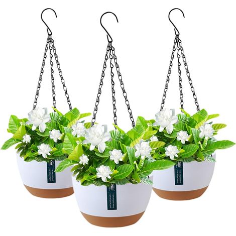 Lot de 3 pots de fleurs suspendus, cache-pot en plastique, crochet de chaîne en métal amovible - Pots de fleurs suspendus, pot de fleurs suspendu à l'intérieur, lampe de fleur extérieure (1/5)