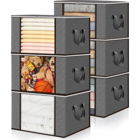 Lot de 6 boîtes de rangement de 90 L, pour placard, peu encombrant, pliable, avec poignée renforcée, organiseur d'armoire, boîtes de rangement pour couvertures, literie, gris (1/5)