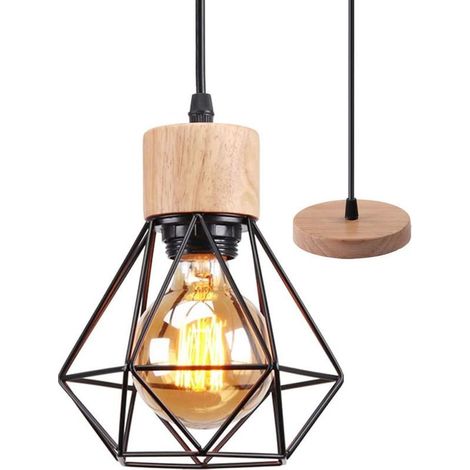 Suspension industrielle vintage en métal et bois, abat-jour Ø200 mm, douille E27, style rétro, pour salon, cuisine ou chambre (1 pièce) (1/5)