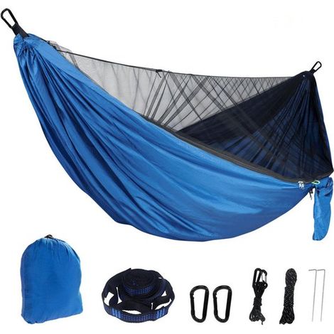 Hamaca de camping con mosquitera，290140cm，2 hebillas negras，2 correas de 2m con 5 anillas，1 cordón ajustable，2 vientos (1/2)