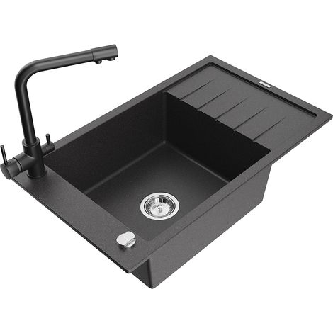 Mexen Elias fregadero de granito de 1 cubeta con escurridor y grifo de cocina Duero, negro moteado - 6511-76-671600-70 (1/5)