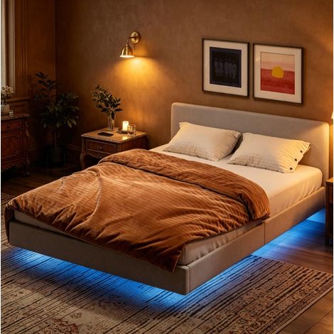 Cadre de lit 140x190 cm avec éclairage LED RGB, revêtement en tissu beige, sommier à lattes inclus, pieds dissimulés, télécommande et application – de CHICFURN (1/5)