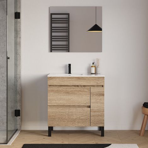 Meuble de salle de bain 80cm sur pieds avec vasque déportée à gauche avec porte et tiroirs - cambrian (chêne clair) - LAZARO (1/5)