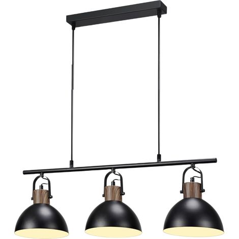 Lustre Industriel 3 Lampes E27 – Suspension Bois et Métal Noir, Hauteur Réglable, Luminaire Cuisine, Salle à Manger, Salon, Îlot de Cuisine (Noir) (1/5)