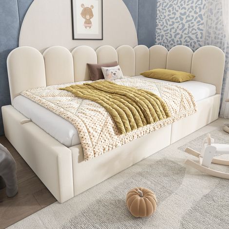 Letto daybed imbottito moderno 90x200 cm in velluto beige con testiera, contenitore idraulico e rete a doghe in metallo (1/5)