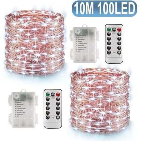 2 x 10m Guirlande Lumineuse LED avec 100 LEDs Fonction Minuterie de Batterie avec Télécommande IP65 Étanche Décoration Intérieure et Extérieure pour Noël Mariage Maison Jardin - Blanc Froid (1/4)
