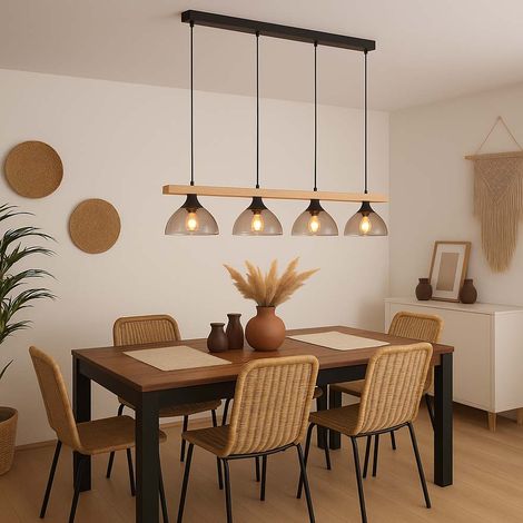 Lampada a sospensione LED in legno a sospensione, 4 fiamme, trave in legno vetro fumé metallo nero opaco, 4x 4W 4x 350lm bianco caldo, LxLxH 96x17x150cm (1/5)