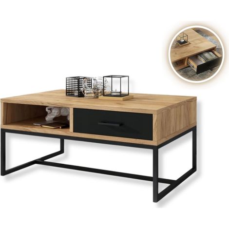 Table basse MIX avec niche et tiroir en Noir et Bois 90 cm x 60 cm style loft (1/5)