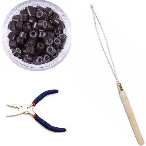 Lot de 100 micro-anneaux avec silicone - Marron - Pour extensions de cheveux - Avec boucle et pince - Accessoire coiffure (1/5)