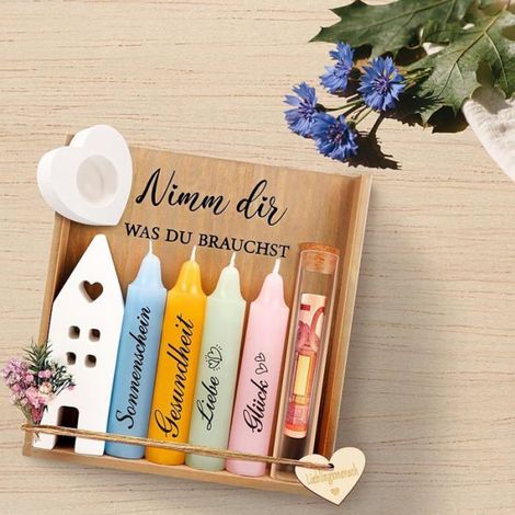 Coffret Cadeau Ami - Bougies Naturelles Non Parfumées - Boîte En Bois Avec Bougeoir Cœur - Pour Anniversaire Ou Remerciement - Lot De 4 Bougies Et Accessoires (1/5)