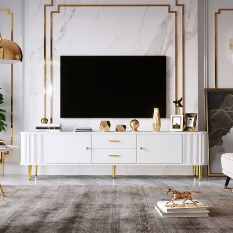 Niedriger TV-Schrank 170 x 34 x 45 cm – skandinavisches Design in Weiß mit gewellten Seiten und goldenen Füßen – Weiß (1/5)