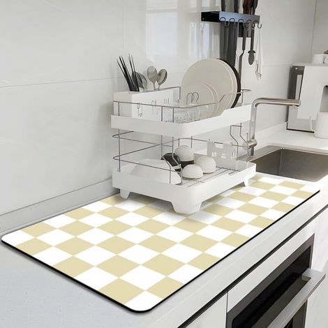 Tapis de séchage de vaisselle de cuisine, tapis à café à carreaux, tapis absorbant, jaune (1/4)