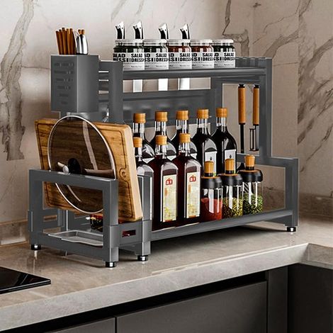 Spice Rack, 2 Tier Spice Canisters, Kitchen Metal Worktop Organizer with Cutting Board Holder, Utensil Holder, with 6 Hooks (1/2)