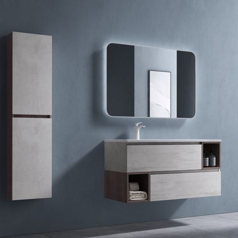 doporro Mobile Bagno sospeso 100x48x54cm, Mobiletto per Bagno con Lavabo, Marrone Chiaro, Seria Gemini (1/5)