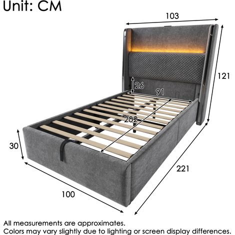 Lit de repos hydraulique 90x200 cm gris lin avec sommier, tête haute lumineuse LED, prises USB et Type-C, espace de rangement intégré, matelas inclus