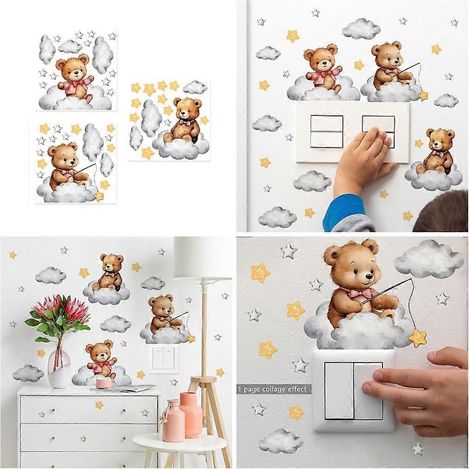 Autocollant mural décoratif représentant un adorable ourson des nuages, motif dessin animé, pour panneaux lumineux et papier peint. (1/4)