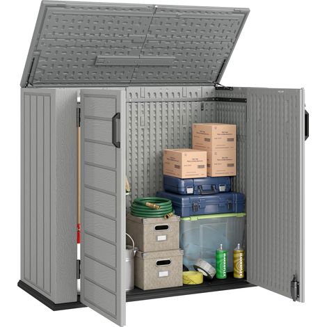 Outsunny armario de exterior de hdpe, 940L, caseta de jardín exterior con tapa abatible, 2 puertas, cerradura, cobertizo de jardín, 142x67x119cm, gris (1/5)