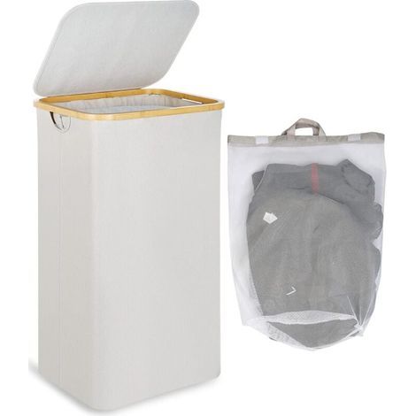 Bac a Linge Grand Panier à Linge avec Couvercle, 100L Grand panier linge sale avec Poignées en Bambou pour Vêtements, laundry basket Pliable XXL avec Sac Intérieur Beige (1/5)