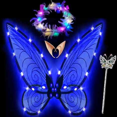 BelleRise - Ailes de fée scintillantes pour adultes, bandeaux LED et baguettes magiques pour une fête sur le thème des fées - Libellule bleue (1/5)