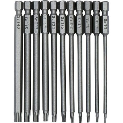 Jeu de 11 embouts longs Torx pour tournevis et visseuse électrique - Embouts magnétiques - Tige hexagonale de 1/4" - Tailles T6 à T40 - Longueur 100 mm
