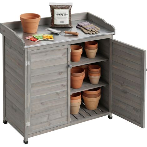 Relaxdays mesa de jardinería con armario inferior, madera, encimera galvanizada, 106 x 94,5 x 45 cm, gris (1/5)