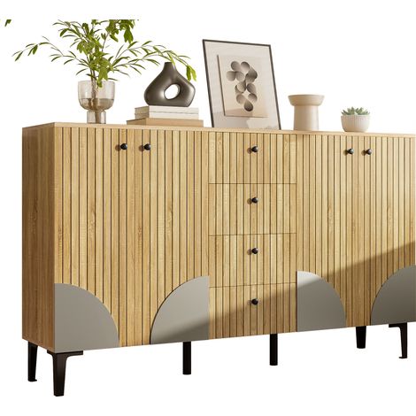 Buffet de rangement moderne à 4 portes et 4 tiroirs, effet bois clair, design minimaliste, idéal salon salle à manger ou entrée, 160 x 36 x 94 cm  CHICFURN (1/5)