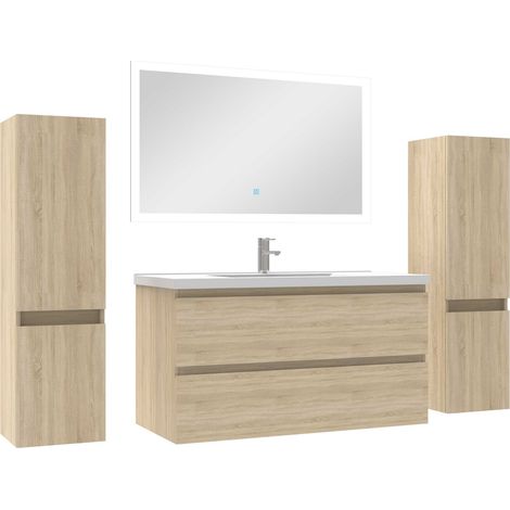 Ensemble meubles Salle de Bain 100cm vasque + colonnex2 + LED miroir Chêne Wotan