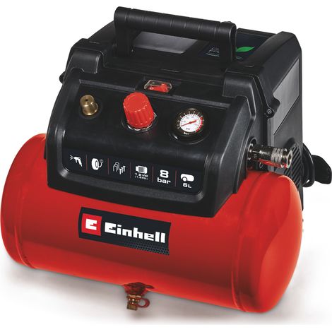 Einhell Kompressor TC-AC 190/6/8 OF Set (1200 W., max. 8 bar, 6 l-Tank, 190 l/min Ansaugleistung, Motordrehzahl 18000 min-1, Druckminderer, Manometer, ölfrei)