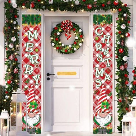 1 Weihnachtsbanner, Wichtel, „Frohe Weihnachten“, rosa kariertes Muster, Verandadekoration (1/5)