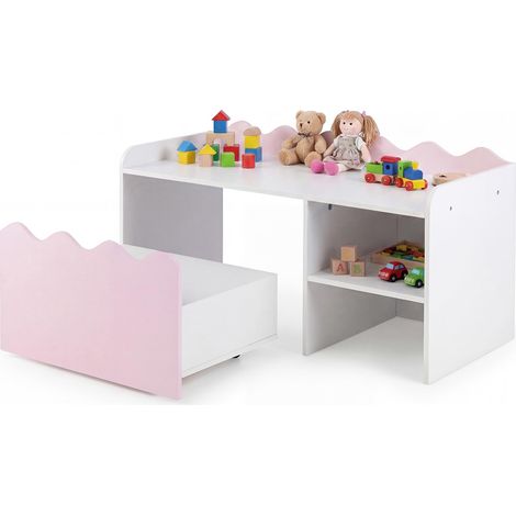 COSTWAY Table Enfant avec Coffre à Jouets Mobile et Étagère (Rose)