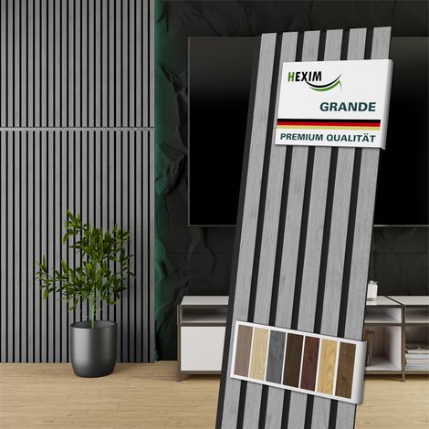 HEXIM Akustikpaneele 140x30cm Wandpaneele Grande Lamellen 0,42m² Holzpaneel Wand 21mm Holz Filz: Grey Oak, 1 Paneel - 0.425m² (1/5)
