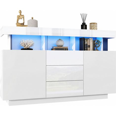 Sideboard moderne blanc brillant avec LED 16 couleurs, 3 tiroirs, 2 portes, plateau acrylique, buffet 140 x 35 x 80 cm pour salon et cuisine  CHICFURN (1/5)