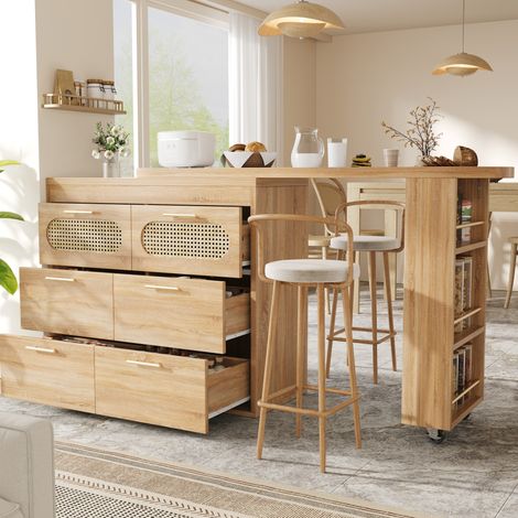 Table bar rotative 203x39x90 cm en MDF naturel avec rangement, pour petit espace – MEUBLIV (1/5)