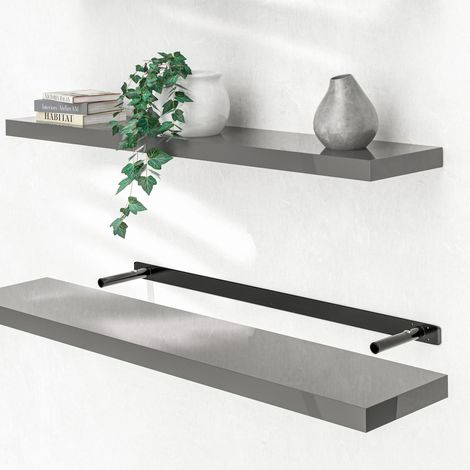 CASARIA® Wandregal Freischwebend inkl. Halterung MDF 15kg Tragkraft 3,8cm Stärke Wand Flur Board Regal Bücherregal Hängeregal Küchenregal 110cm Hochglanz grau