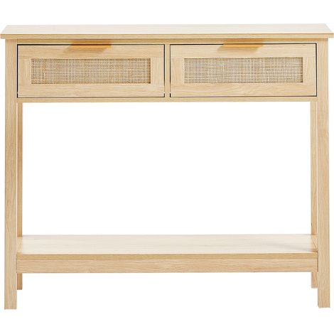 Console en rotin avec 2 tiroirs de rangement, table d'entrée en rotin avec porte coulissante en rotin naturel, table console pour salon, bureau, entrée ou mur TV, naturel (1/5)