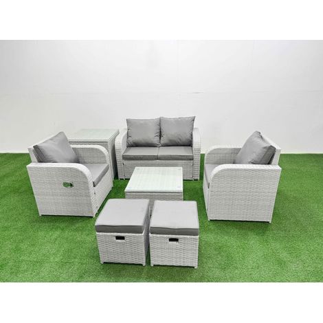 Fimous Light Grey PE Wicker Rattan Garden Furniture Set Sofa Set Reclining Adjustable Chair Square Coffee Table 6 Seater 2 Small Stools Side Table (1/4)