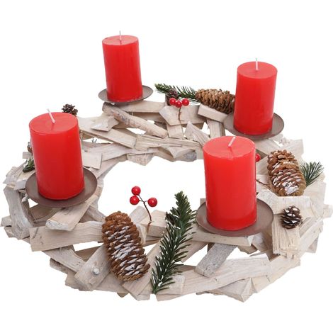 Tischkranz rund, Weihnachtsdeko Adventskranz, Holz Ø 40cm weiß-grau mit Kerzen, rot