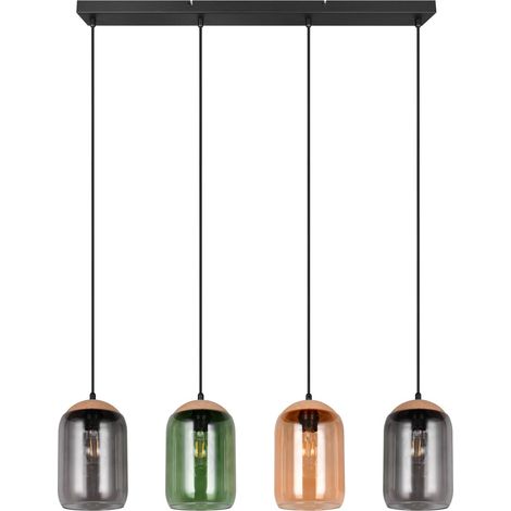 Suspension 4 lampes en verre coloré – Armature métal noir mat – Dimensions L 90 cm x H 150 cm – Compatible 4 ampoules E27 – Trio Lighting (1/5)