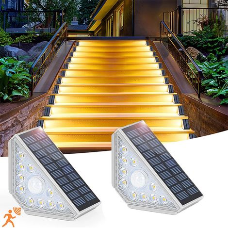 Lampes étanche d'escalier à capteur de mouvement, paquet de 2 lampes solaires solaires, pour l'extérieur IP65, lumière blanche chaude (1/5)