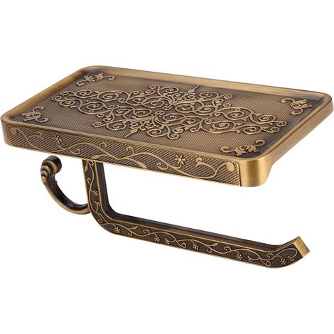 Porte-papier toilette mural en laiton antique, avec étagère pour téléphone portable, finition antique. (1/5)