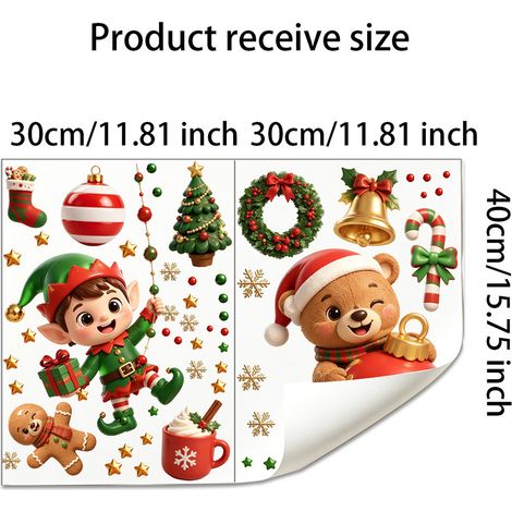 Autocollant statique pour fenêtre en forme d'ours lutin de Noël, autocollant pour porte et fenêtre en verre de centre commercial, décoration d'ambiance festive, décoration de fenêtre - JDT6061 (3040cm