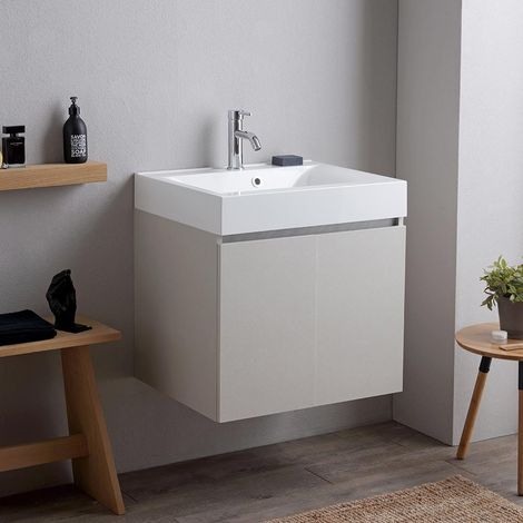 Perlgraues Badezimmermöbelset, 60Cm Mit Weißem Waschbecken Valentina