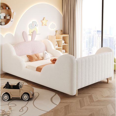 Lit enfant 90x200 cm avec coussin lapin et côtés nuage, lit plateforme en Teddy, blanc, structure stable (1/5)