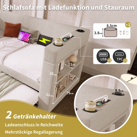 Canapé-lit rembourré 90x190 cm avec lit gigogne, accoudoirs USB et Type-C, porte-verre, tissu lin mélangé beige, sans matelas, méridienne convertible. (1/5)
