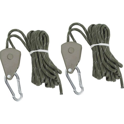 Set aus 2 x 4 m langen Zeltleinen, verstellbar und mit Umlenkrolle ausgestattet. Schneller Aufbau. Farbe: Olivgrün. (1/5)