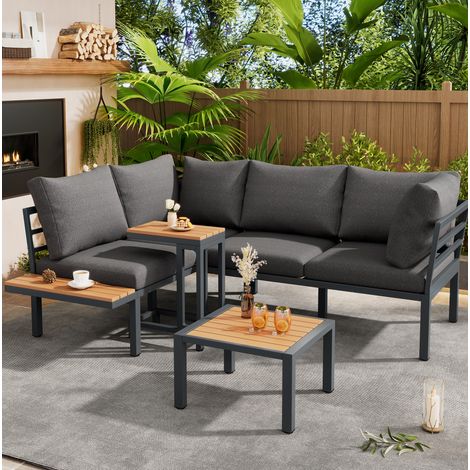 Conjunto de muebles de jardín, sofá esquinero, mesa auxiliar y mesa de centro, acero galvanizado, gris y negro (1/5)